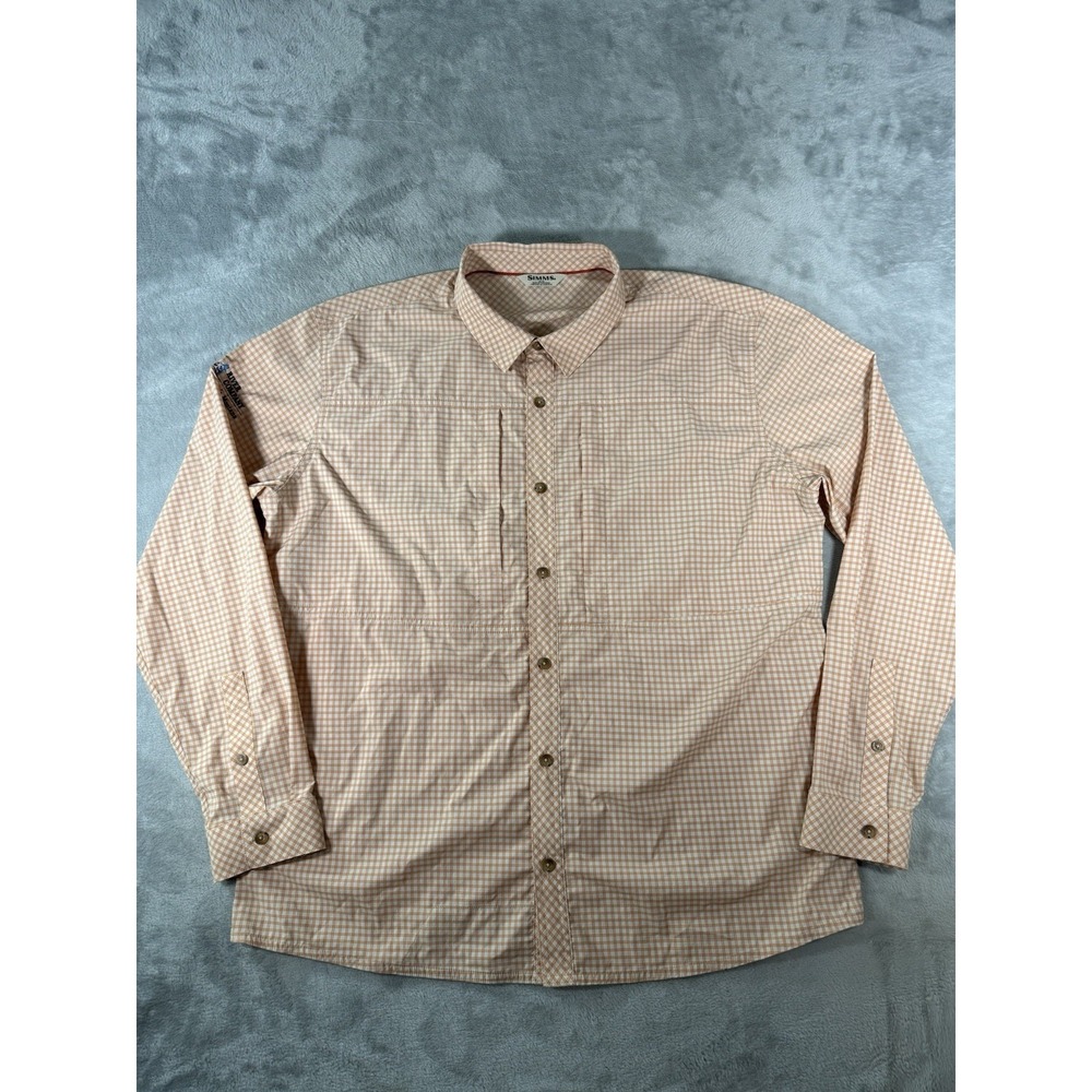 Simms Shirt Mens XL Orange White Check Brrr Nylon Fishing Outdoors Button Up